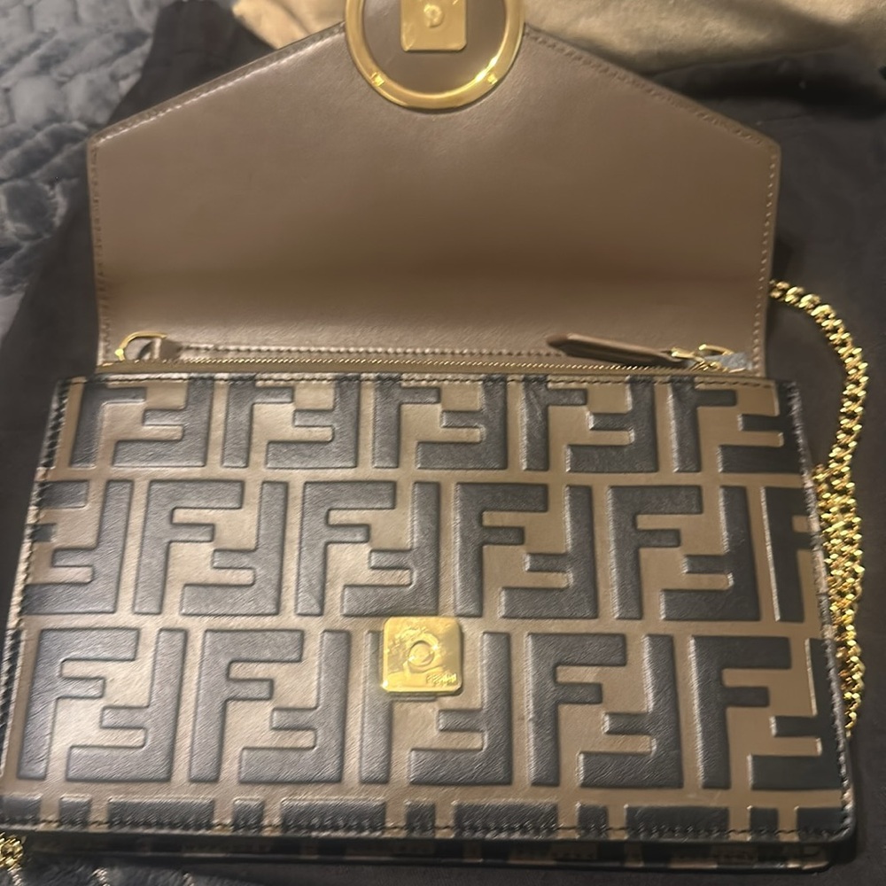Fendi zucca Brown and Black print crossbody/Clutch with Gold Accent. - Picture 6 of 15